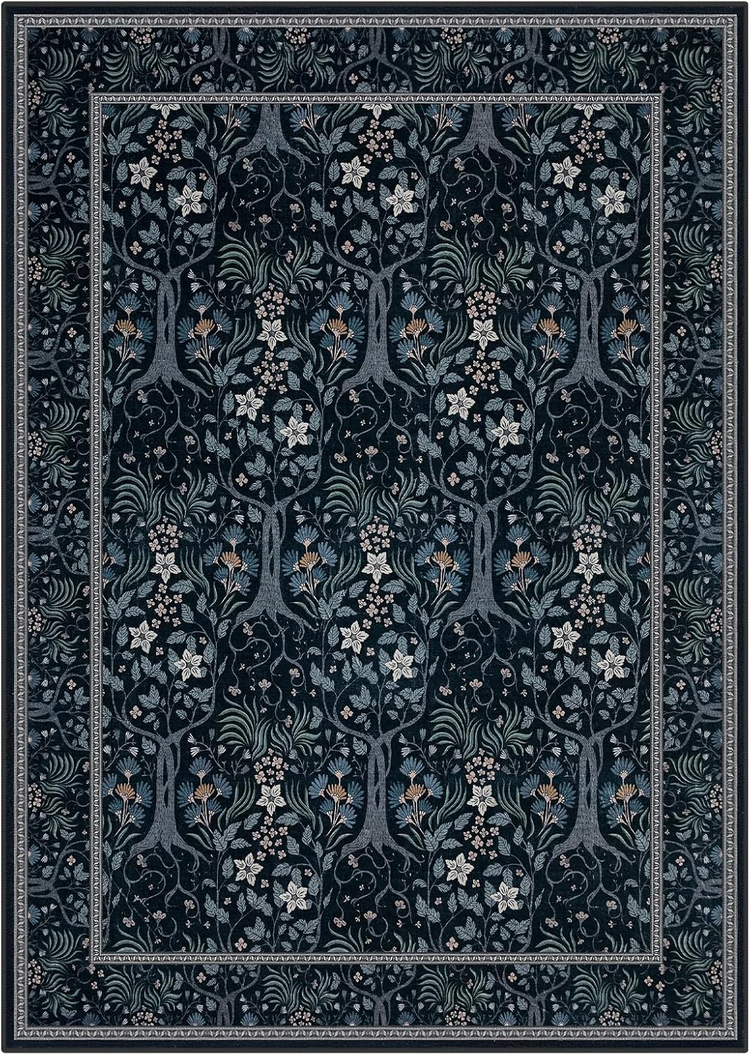 Joydeco Machine Washable Area Rugs 5x7, Boho Floral Rug for Bedroom Non Slip, Soft Forest Botanical Low-Pile Floor Indoor Throw Carpet for Living Dining Room Dorm Office, Blue-Black - Image 8