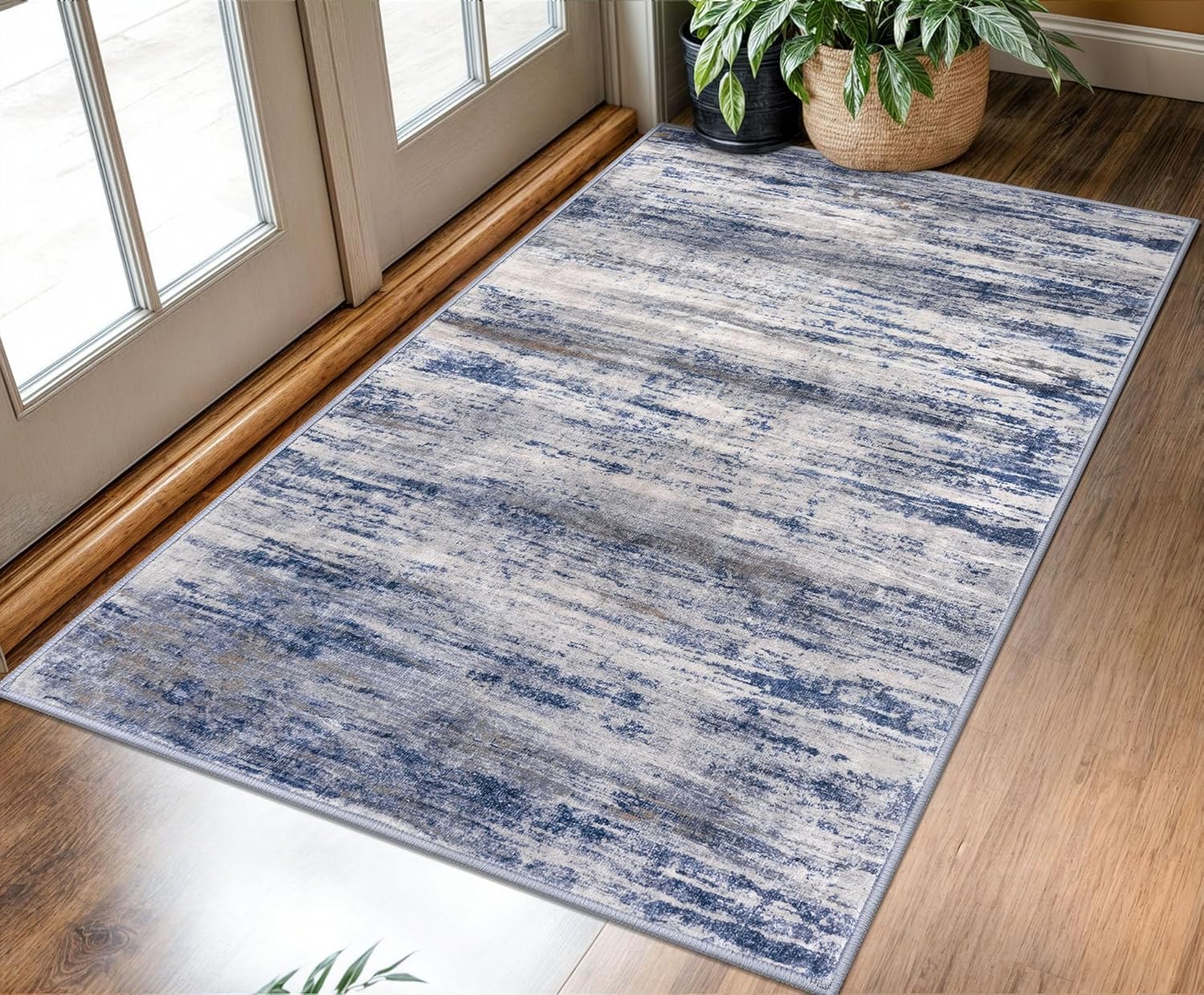 KOZYFLY 3x5 Area Rug Modern Ombre Rug for Bedroom, Washable Rug Non-Slip Soft Striped Living Room Area Rug, Print Grey-Blue Abstract Carpet for Laundry Nursery