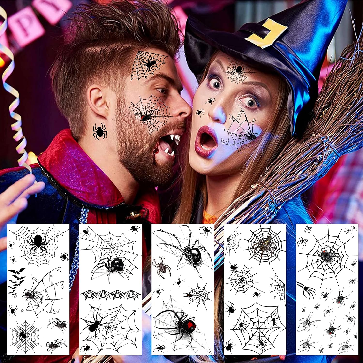 COKTAK 8 Sheets Large 3D Spider Web Temporary Tattoos Halloween Makeup Kit For Women Adults Realistic Witch Bat Zombie Fake Face Tattoos Sticker For Kids Men Adults Scary Halloween Decals Spiderweb - Image 6