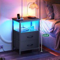 Huuger Night Stand with Charger Station and LED Lights, 2 Drawer Nightstand, Bed Side Table with Open Shelf, End Table, Fabric Dresser for Bedroom, Black - Image 4