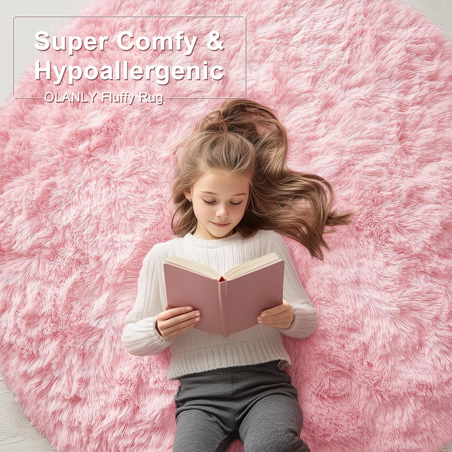 OLANLY Pink Round Rugs for Bedroom - Machine Washable, 4 ft Circle Area Rugs for Living Room, Soft and Fluffy Shaggy Carpet for Teen Girls and Boys, Nursery Rooms, Dorms, Home Decor Aesthetic - Image 5