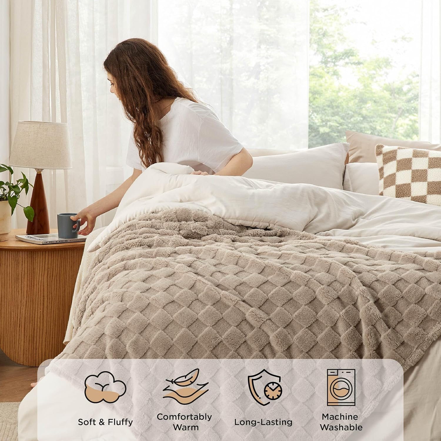 Bedsure Comforter Queen Size 5 Pieces - Queen Size Comforter Set with Checkered Throw Blanket and Decorative Pillow, Lightweiget Bedding, All Season Bedding Sets, Linen Beige - Image 5