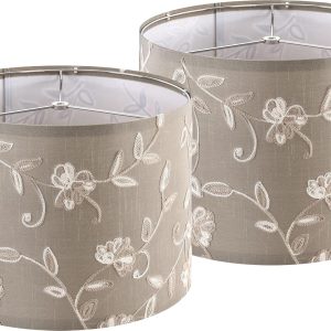 Creme Fabric Drum Lamp Shade with Embroidered Leaf Trim 13" Top x 13" Bottom x 10" High (Spider) Set of 2 Medium Lamp Shade for Table & Bedside Lamp Replacement Lampshades in Hand Crafted
