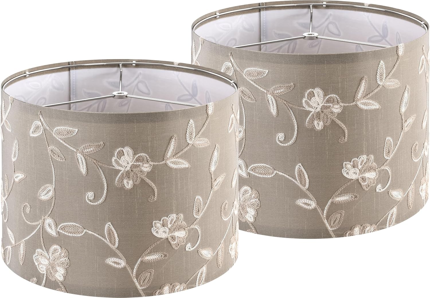 Creme Fabric Drum Lamp Shade with Embroidered Leaf Trim 13" Top x 13" Bottom x 10" High (Spider) Set of 2 Medium Lamp Shade for Table & Bedside Lamp Replacement Lampshades in Hand Crafted