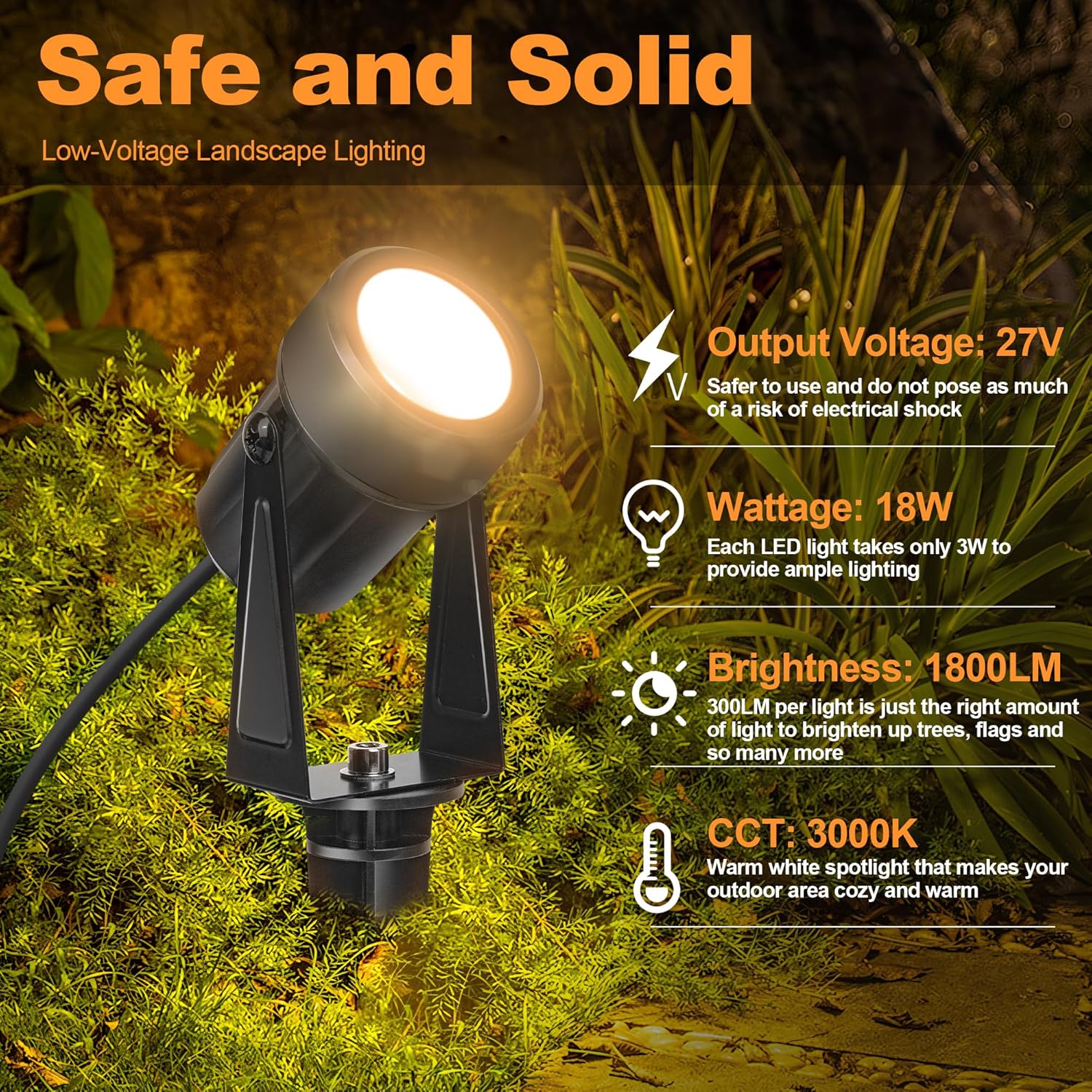Outdoor Landscape lighting Low Voltage, 65.6FT Wired LED Spot light with Plug-in Transformer, IP65 Waterproof Outside Uplight 18W 1800LM for Yard Garden Tree Pathway House, Warm White 3000K, Pack of 6 - Image 4