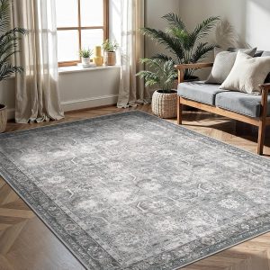 5x7 Area Rugs, Soft Non Slip Low Pile Washable Rug, Boho Modern Rug for Living Room, Bedroom, Dining Room, Distressed Grey