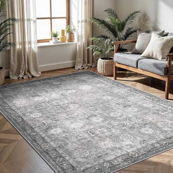 5x7 Area Rugs, Soft Non Slip Low Pile Washable Rug, Boho Modern Rug for Living Room, Bedroom, Dining Room, Distressed Grey