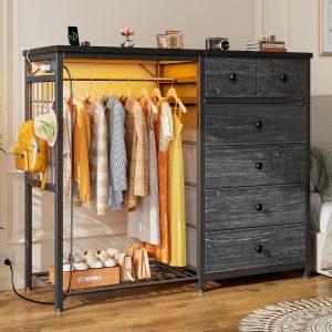 EnHomee 49.2" W Dresser for Bedroom with Hanging Rack 6 Drawers Dresser with LED Lights & Charging Station, Fabric Dressers & Chest of Drawers with Rack, Wooden Top, Grid Panel, Black