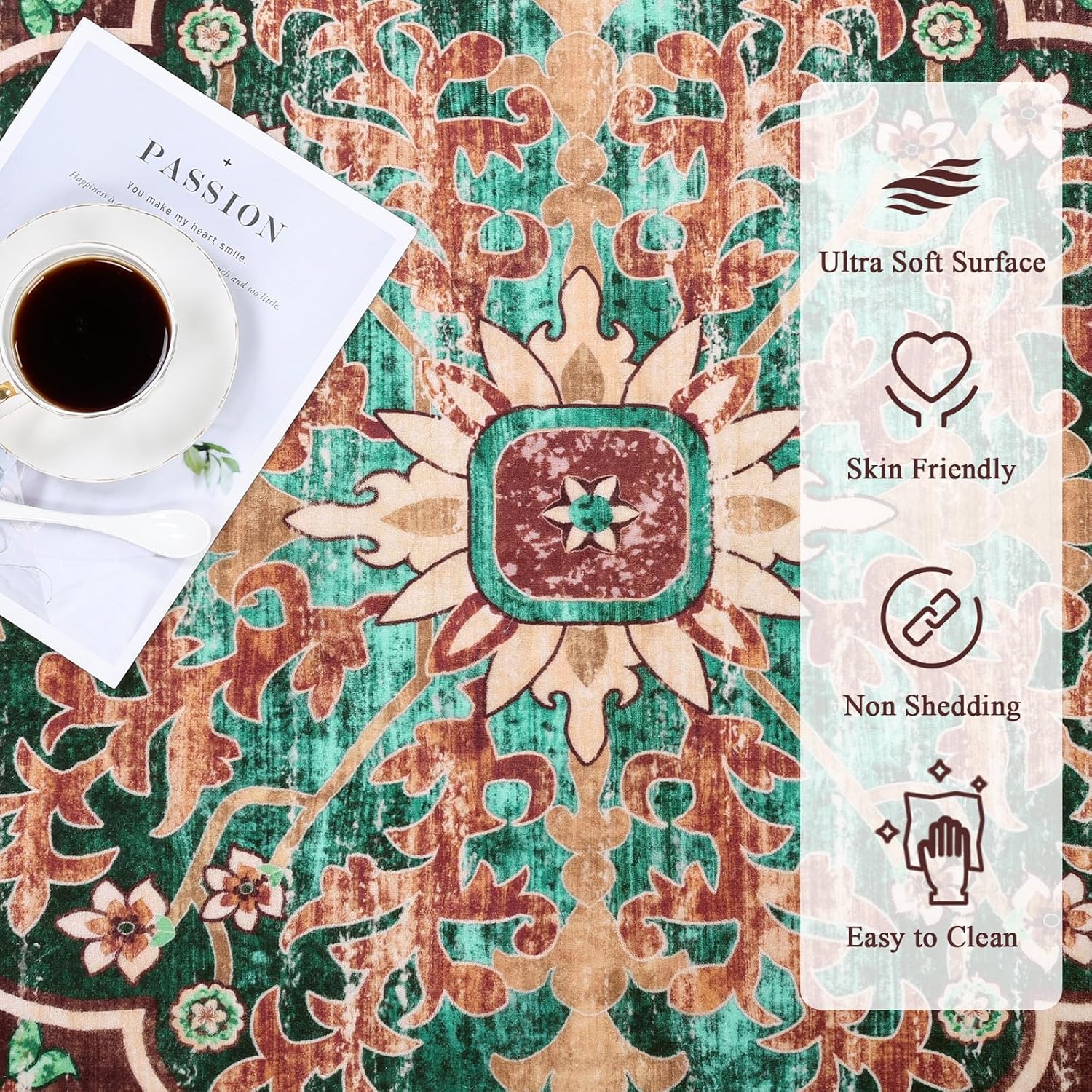 U'Artlines Boho Vintage Area Rug 5x7 Machine Washable Low Pile Ultra-Thin Soft Floor Carpet Non Slip Non Shedding Accent Rug for Living Room Bedroom Entryway Dining Room Office(Rust&Teal) - Image 3