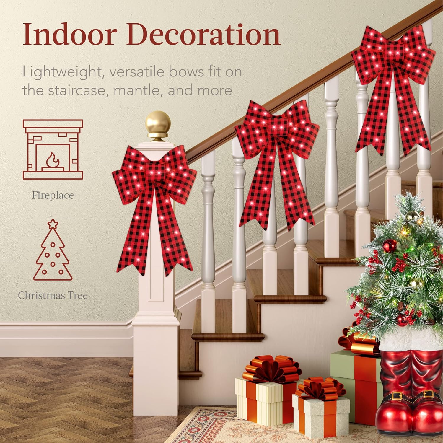 Best Choice Products Set of 3 Bows Pre-Lit Christmas Bow Decoration, Indoor/Outdoor LED Holiday Décor w/ 30 Lights, Outdoor Battery Box, Timer, 8 Light Functions - Red/Black Buffalo Plaid - Image 4
