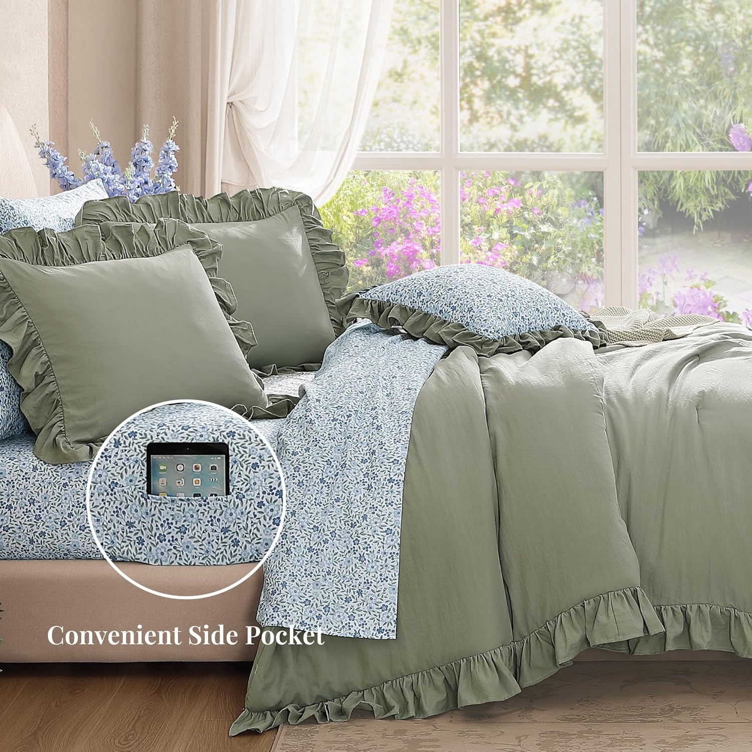 Queen Comforter Set - 7 Pieces Ruffle Sage Green Bedding Sets, Shabby Chic Farmhouse Bed in a Bag Queen with Ruffle Comforter, Floral Sheets, Pillowcases & Shams - Image 3