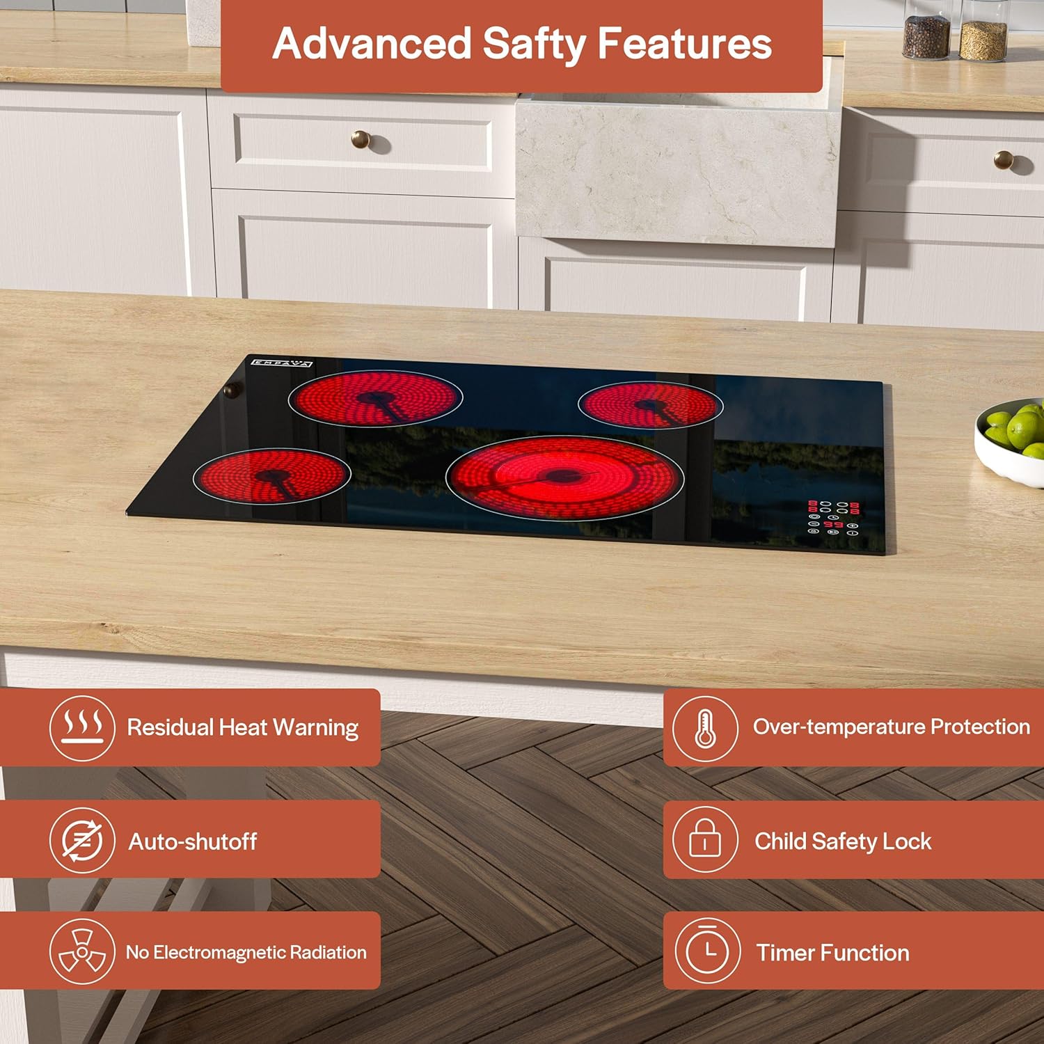 Empava Electric Cooktop, 30 inch 4 Burners, Built in Radiant Stove, Including Dual Zone Element, Ceramic Glass Smooth Surface in Black, ETL Certified, All Kinds of Cookware, 220-240V, No Plug - Image 5