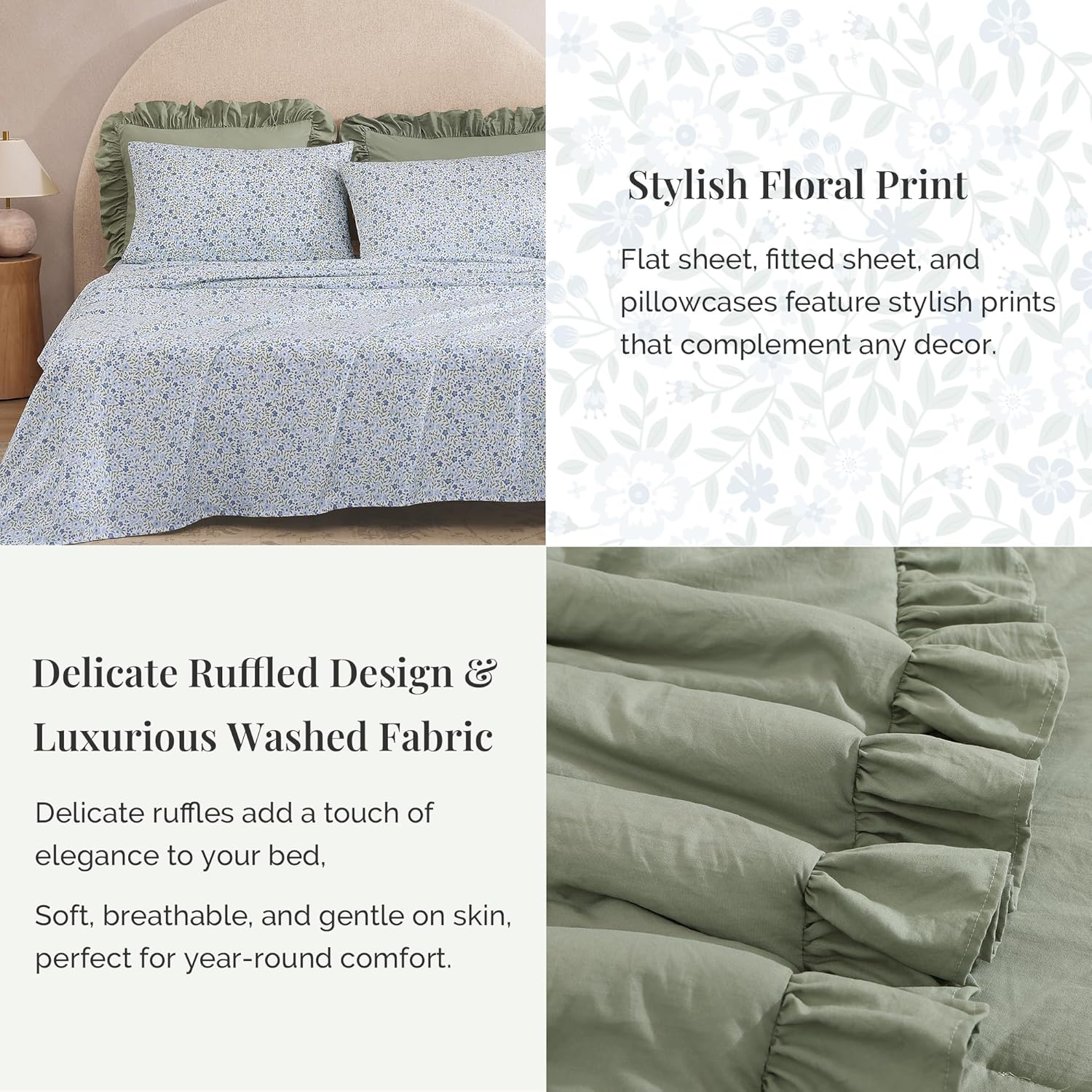 Queen Comforter Set - 7 Pieces Ruffle Sage Green Bedding Sets, Shabby Chic Farmhouse Bed in a Bag Queen with Ruffle Comforter, Floral Sheets, Pillowcases & Shams - Image 4