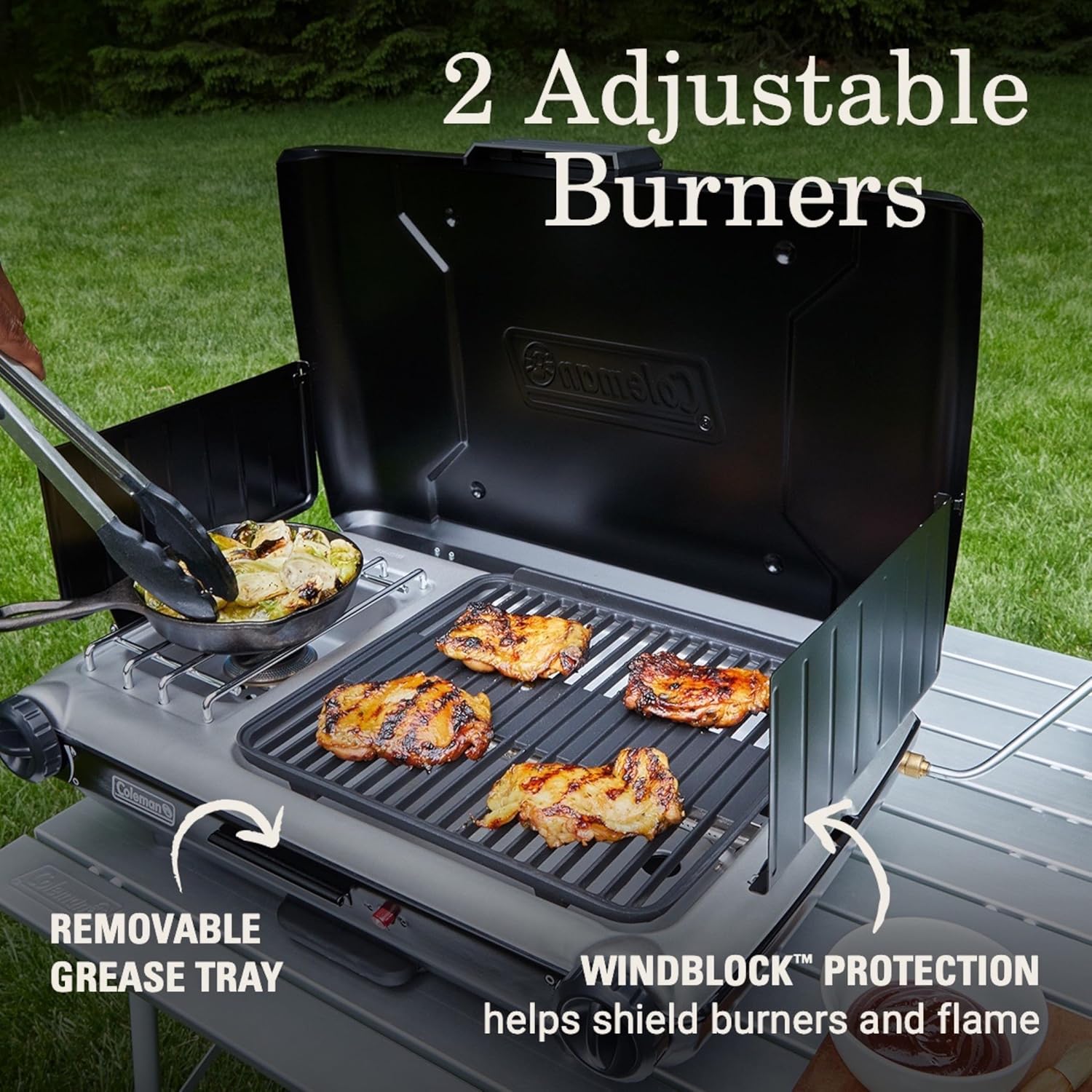 Coleman Tabletop 2-in-1 Grill & Stove with 2 Adjustable Burners, Propane Grill/Stove with Push-Button Starter, Wind Guards, Grease Tray, & 20,000 BTUs of Power for Camping, Tailgating, & More - Image 3
