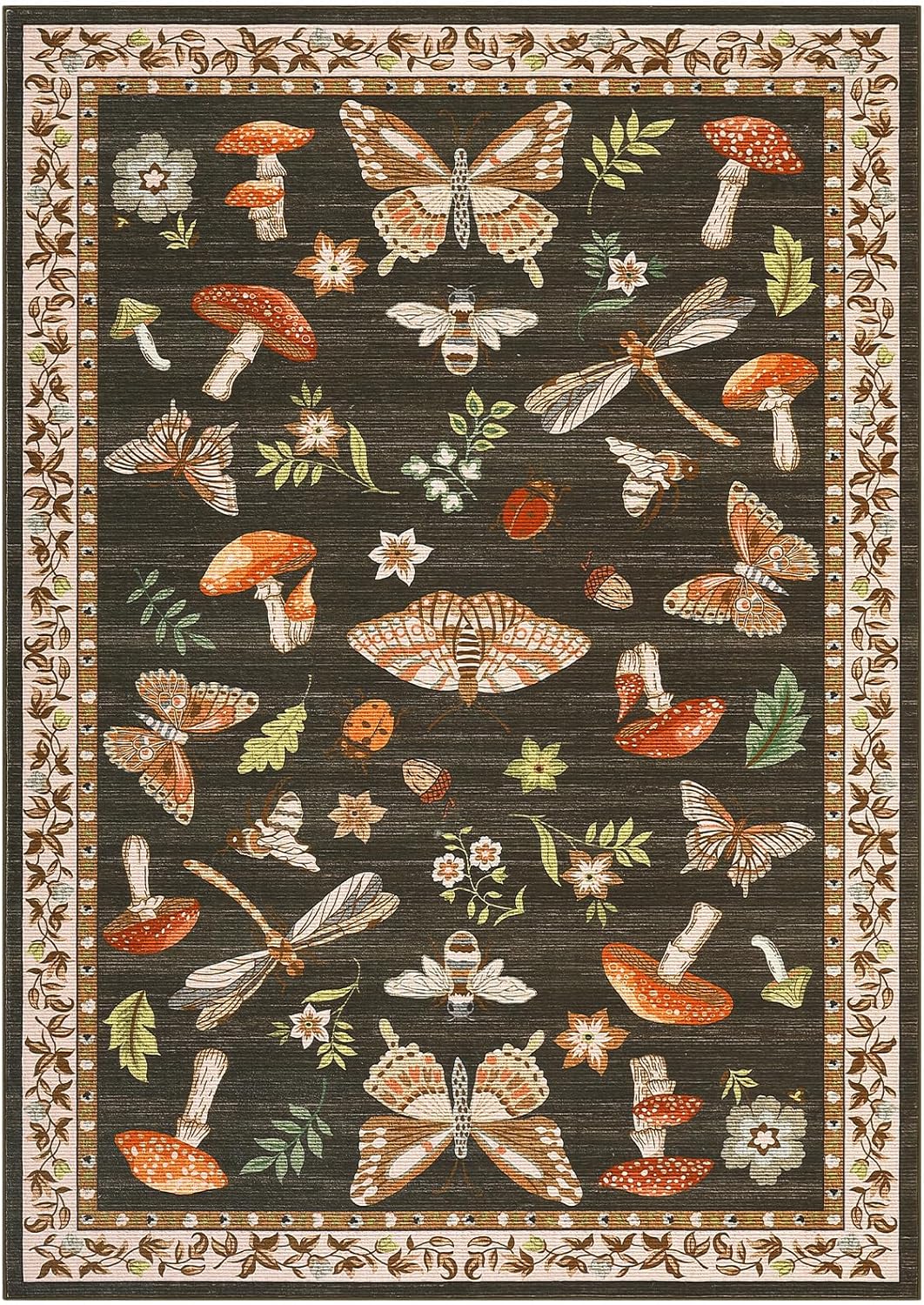 Mushroom Washable Rug 5x7 Area Rugs for Living Room, Insect Print Rug for Bedroom, Non Slip Throw Carpet with Rubber Back, Soft Low Pile Dining Room, Brown - Image 2
