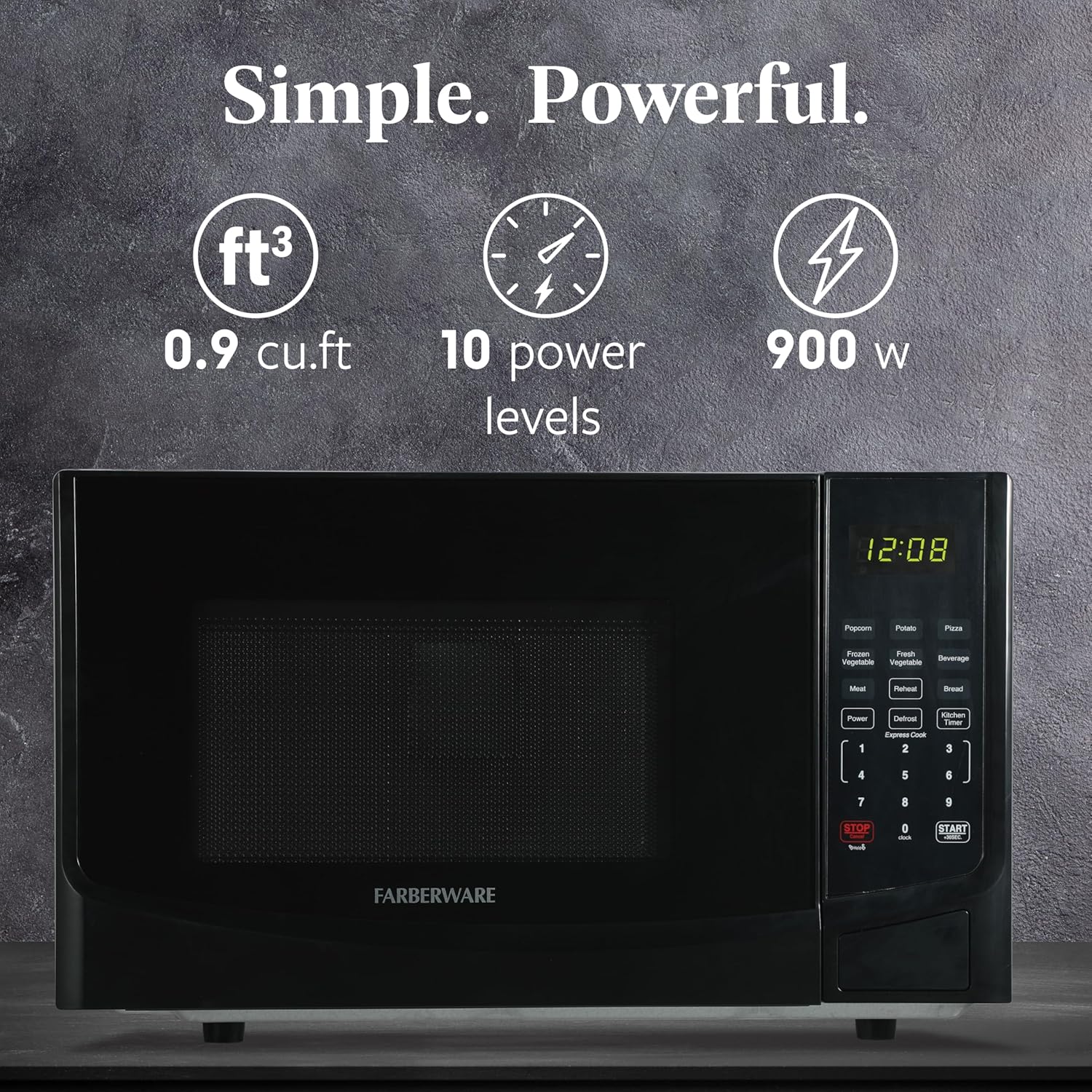 Farberware 0.9 Cu. Ft. Black Microwave Oven, 900W with LED Display, 10 Power Levels, 8 Auto-Cook Presets, Express Cooking & Defrost - Image 2