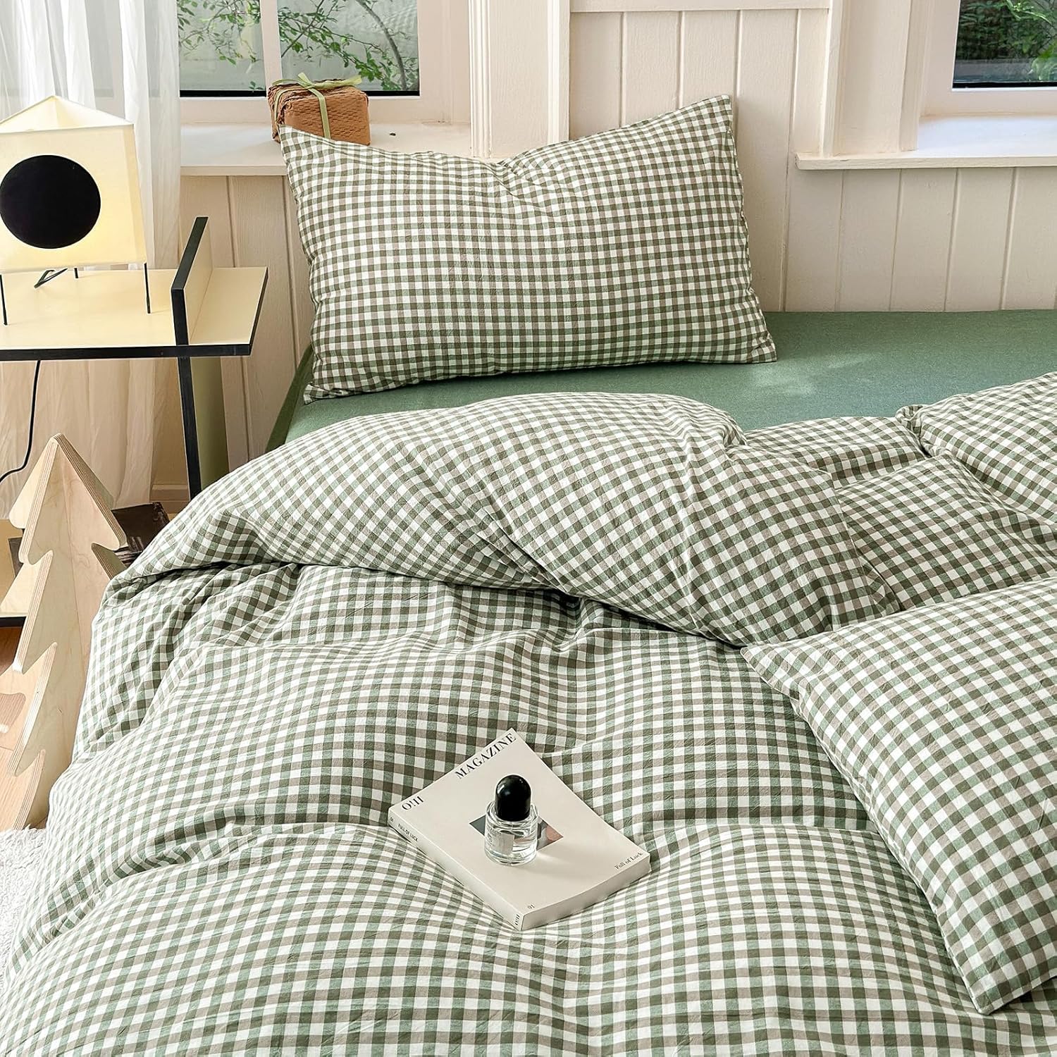 Queen Comforter Set Green Gingham Comforter Modern Style Checkered Pattern Comforter Set Boho Grid Plaid Bedding Comforter Lightweight Fluffy Soft Grid Bedding Set Queen Size Breathable - Image 8