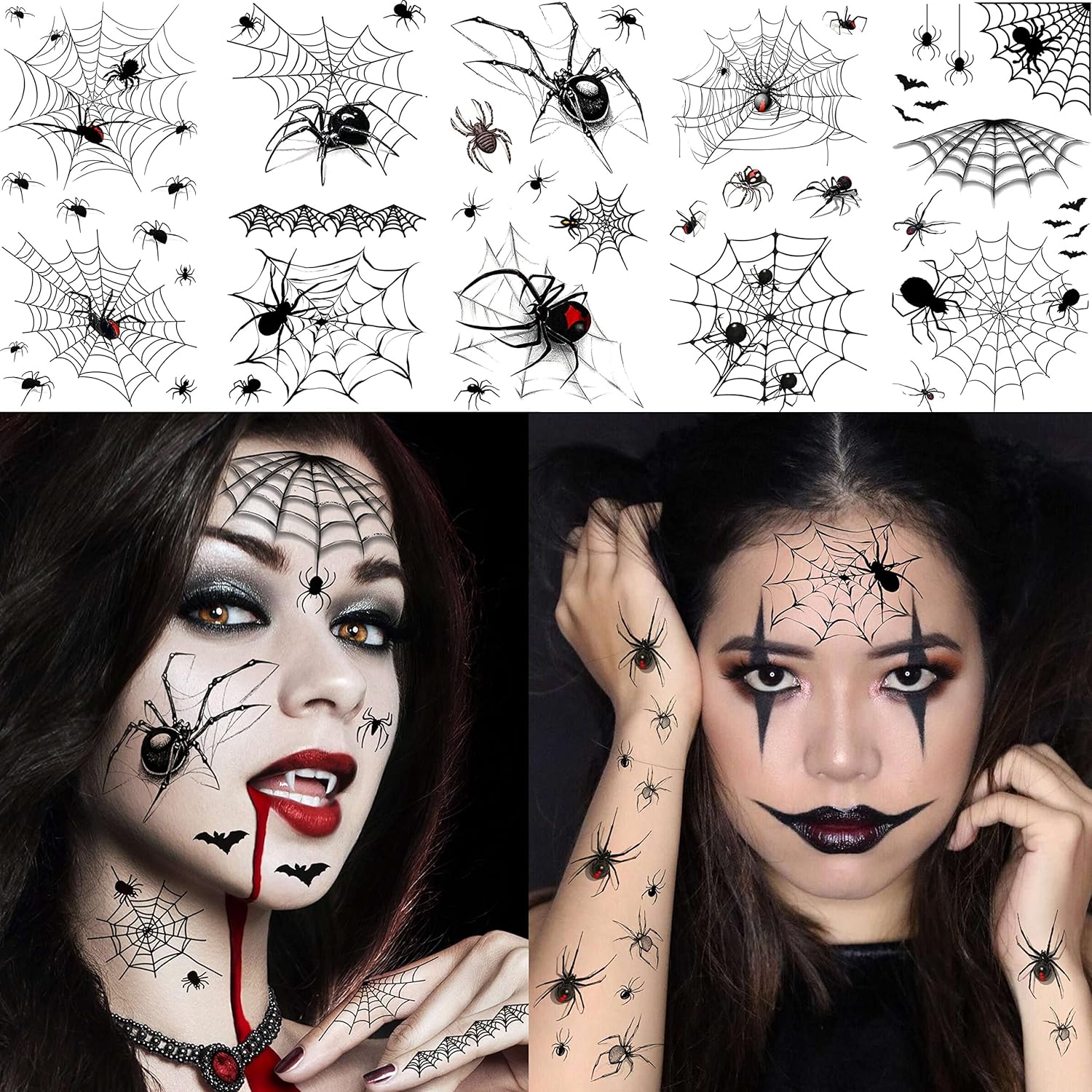 COKTAK 8 Sheets Large 3D Spider Web Temporary Tattoos Halloween Makeup Kit For Women Adults Realistic Witch Bat Zombie Fake Face Tattoos Sticker For Kids Men Adults Scary Halloween Decals Spiderweb - Image 3