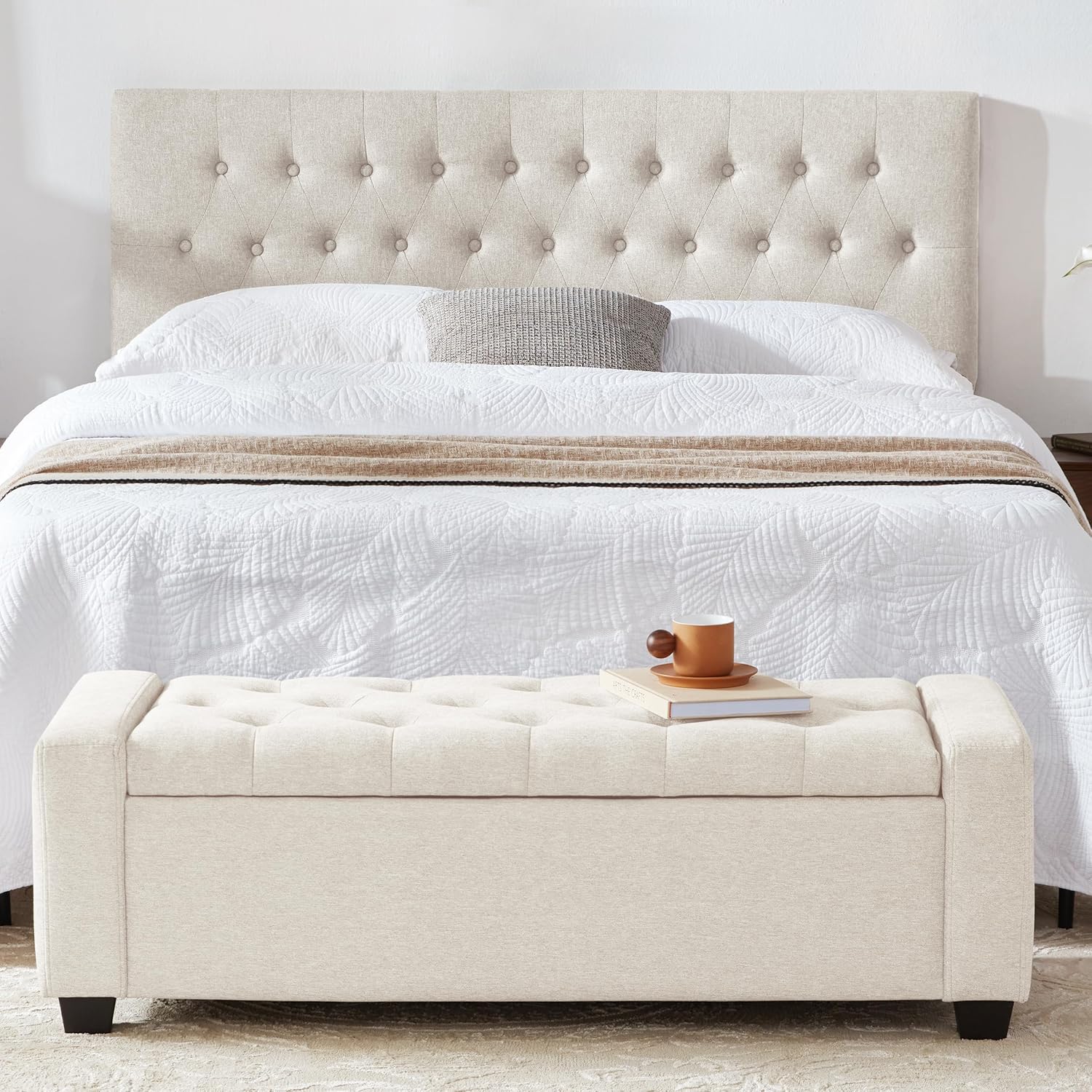 48" Ottoman with Storage, Storage Ottoman Bench with Safety Hinge, Upholstered Entryway Bench with Seating for Bedroom, Living Room, Holds up to 330 lb, Beige - Image 7