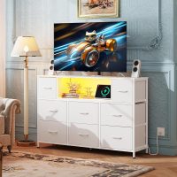 WLIVE White TV Stand for 45, 50, 55 inch TV, Entertainment Center with LED Lights & Charging Station, TV Media Console Table with 8 Fabric Drawers and Open Shelves for Living Room, Hallway, Wood Top - Image 2