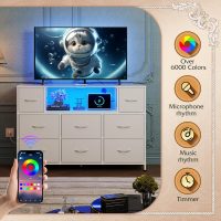 WLIVE White TV Stand for 45, 50, 55 inch TV, Entertainment Center with LED Lights & Charging Station, TV Media Console Table with 8 Fabric Drawers and Open Shelves for Living Room, Hallway, Wood Top - Image 4