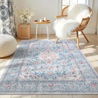 4x6 Blue Washable Boho Area Rug for Bedroom, Vintage Floral Non Slip Living Room Rugs, Soft Low Pile Indoor Mat, Aesthetic Pattern Carpet for Kitchen, Dining Room and Bedside - Image 7