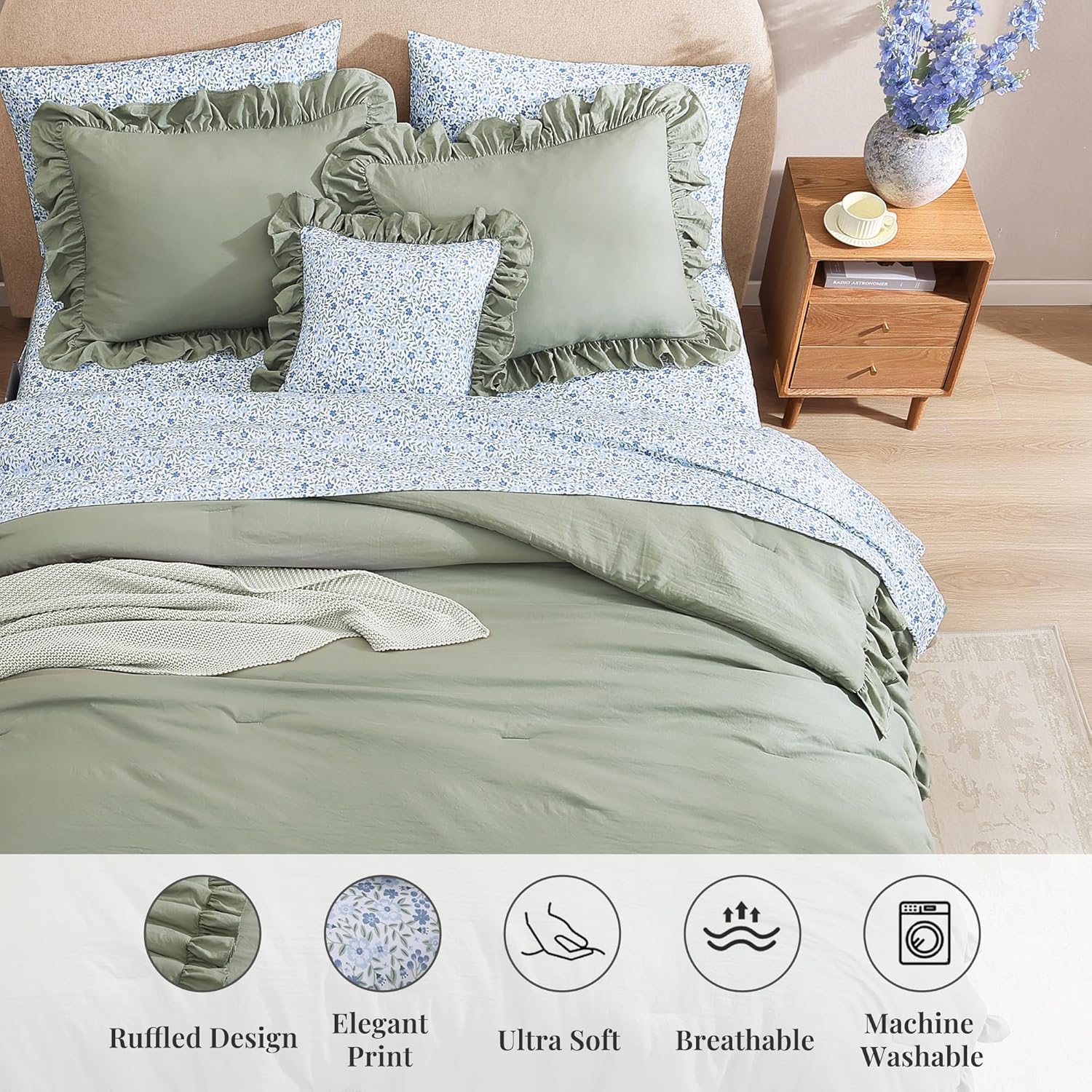 Queen Comforter Set - 7 Pieces Ruffle Sage Green Bedding Sets, Shabby Chic Farmhouse Bed in a Bag Queen with Ruffle Comforter, Floral Sheets, Pillowcases & Shams - Image 6