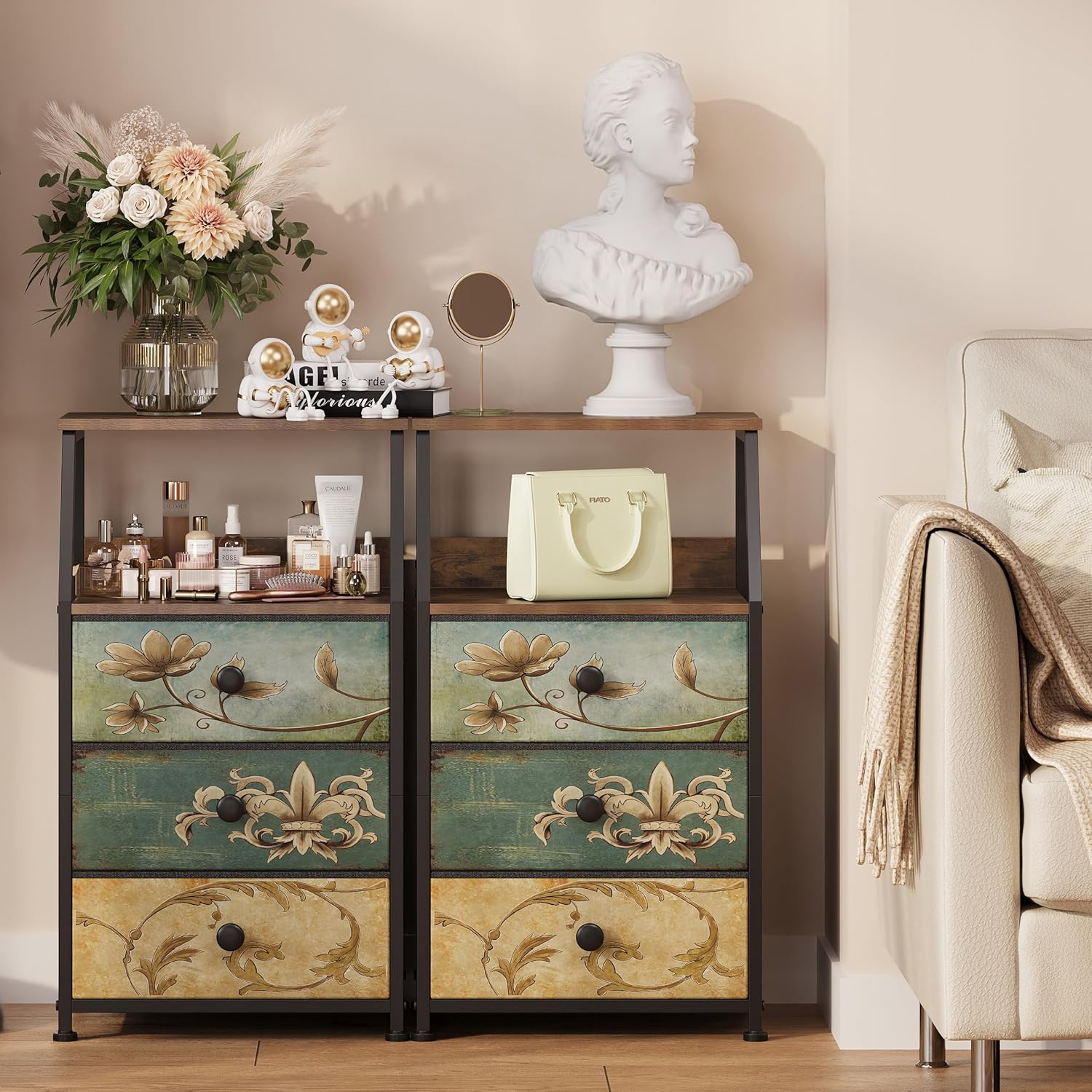 Tohomeor Dresser with Fabric Drawers Nightstand with 2 Tier Shelf Storage Tower for Bedroom Hallway Entryway Closet Organizer Sofa Beside Table Furniture (Multi, 3 Drawers) - Image 6