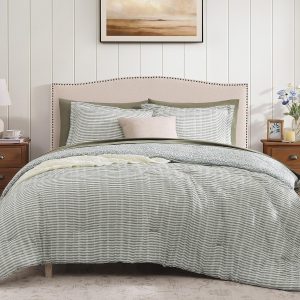 Queen Comforter Set - 7 Pieces Green Gauze Muslin Bedding Sets for All Seasons, Lightweight Breathable Bed in a Bag Queen with Revesible Farmhouse Comforter, Sheets, Pillowcases & Shams