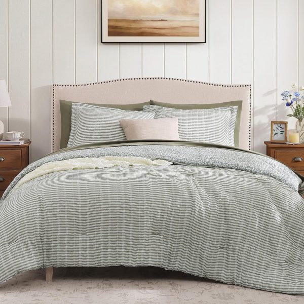 Queen Comforter Set - 7 Pieces Green Gauze Muslin Bedding Sets for All Seasons, Lightweight Breathable Bed in a Bag Queen with Revesible Farmhouse Comforter, Sheets, Pillowcases & Shams