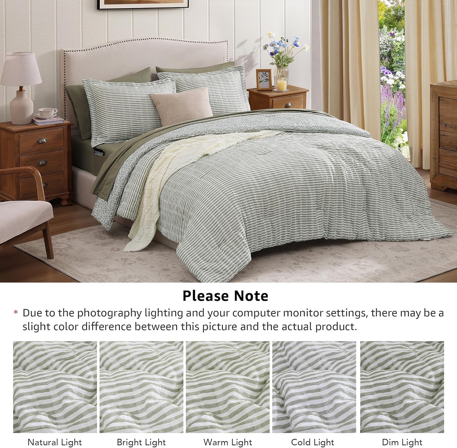 Queen Comforter Set - 7 Pieces Green Gauze Muslin Bedding Sets for All Seasons, Lightweight Breathable Bed in a Bag Queen with Revesible Farmhouse Comforter, Sheets, Pillowcases & Shams - Image 7