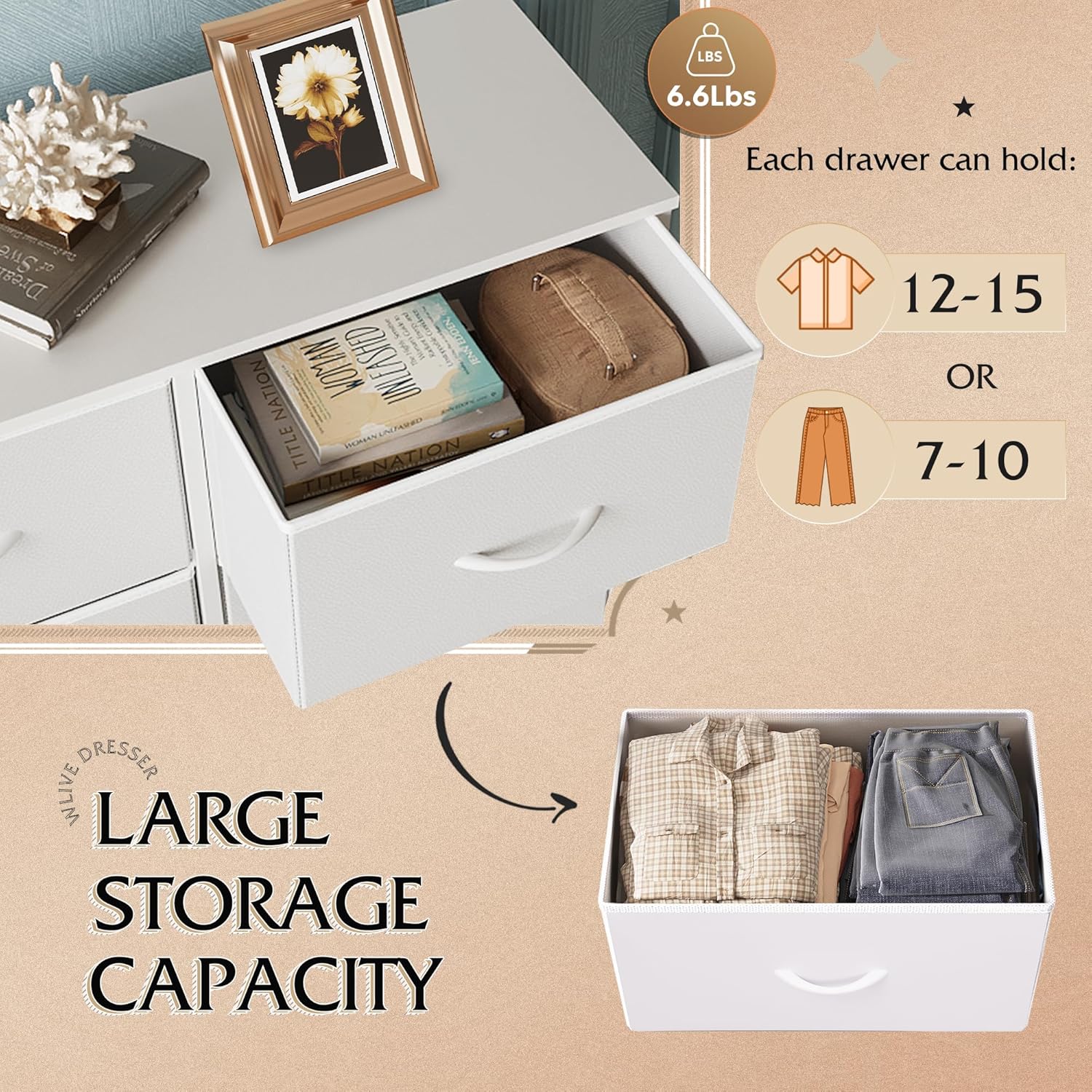 WLIVE Fabric Dresser for Bedroom, Tall Dresser with 8 Drawers, Storage Tower with Fabric Bins, Double Dresser, Chest of Drawers for Closet, Playroom, Dormitory, White - Image 5