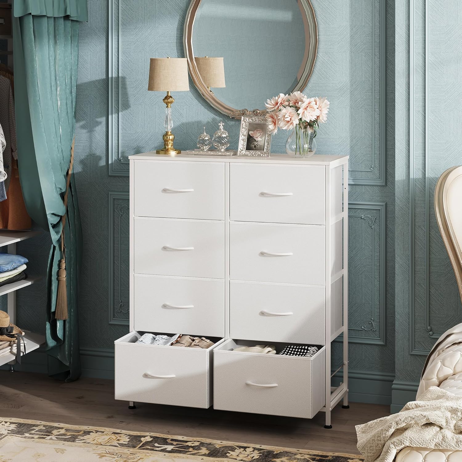WLIVE Fabric Dresser for Bedroom, Tall Dresser with 8 Drawers, Storage Tower with Fabric Bins, Double Dresser, Chest of Drawers for Closet, Playroom, Dormitory, White - Image 2