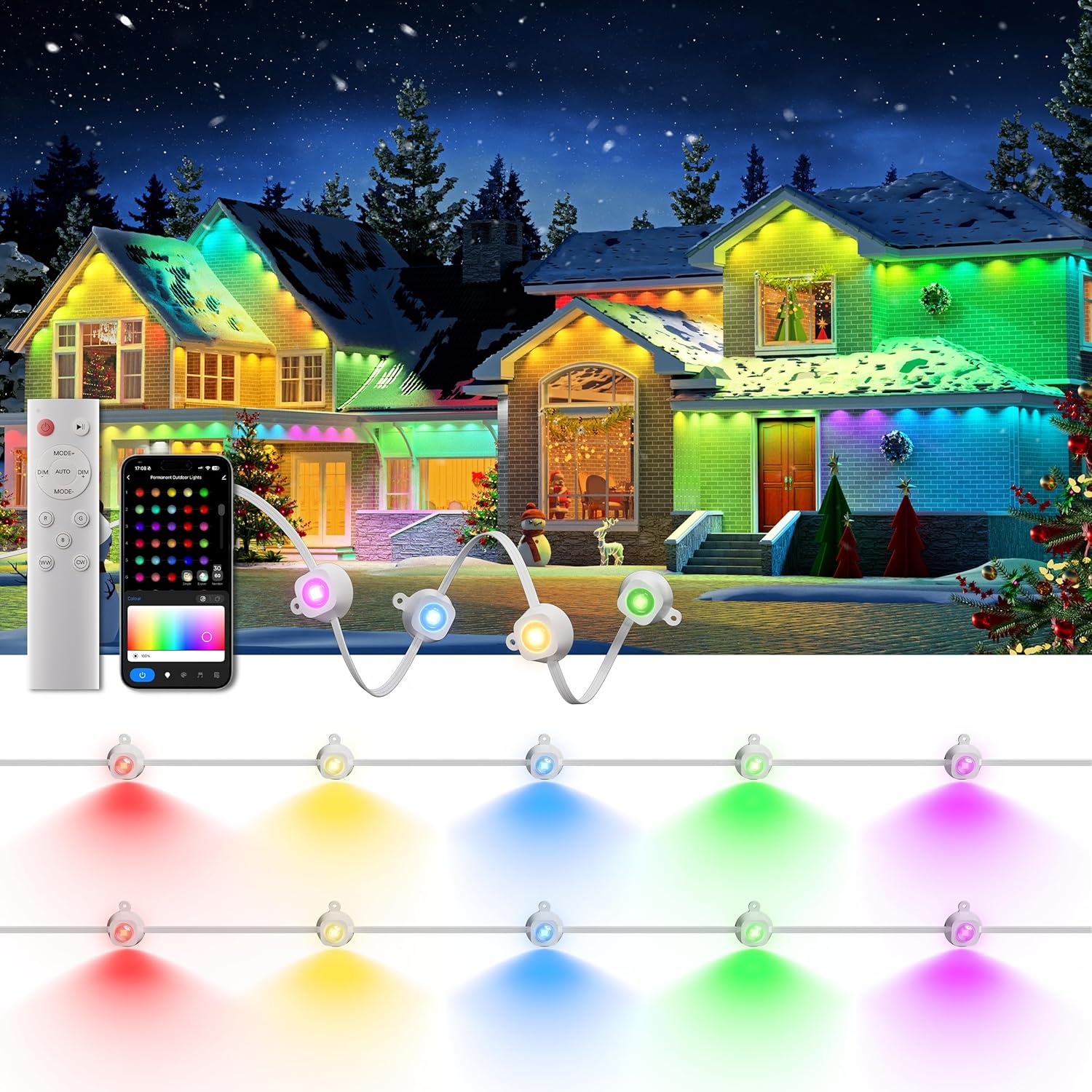 Permanent Christmas Lights Outdoor, 100ft RGB & 60pcs LED Lights, 79 Scene Modes with Timer for Smart Outdoor Christmas Decorations, IP67 Waterproof Works with Alexa and Google