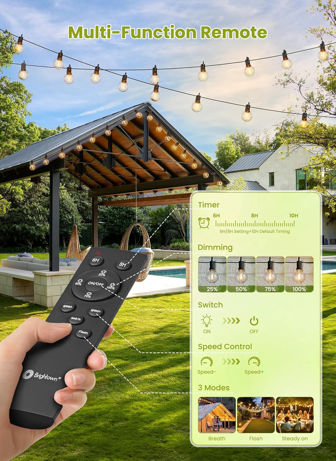 Brightown 58FT Solar String Lights Outdoor with Remote Cable Ties and Hooks, Commercial Grade Patio Lights with 26 LED Shatterproof Bulbs, 3 Light Modes Hanging Light for Backyard Party Decor - Image 2