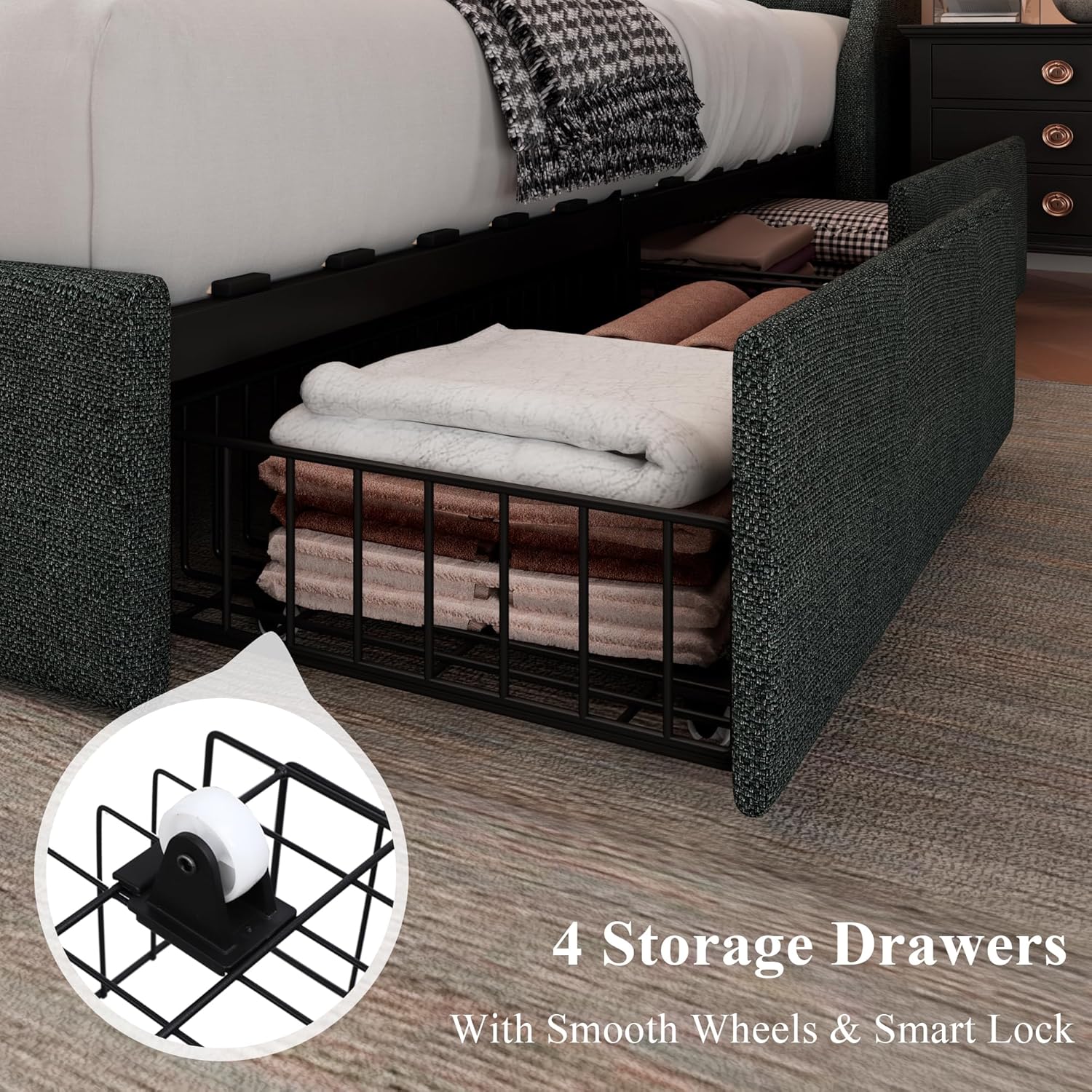 Feonase Queen Bed Frame with 4 Storage Drawers, Upholstered Storage Bed with Charging Station, Tufted Wingback Headboard, No Box Spring Needed, Dark Grey - Image 4