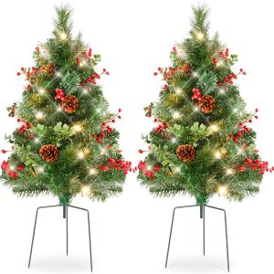 Best Choice Products Set of 2 24.5in Outdoor Pathway Christmas Trees, Battery Operated Pre-Lit Holiday Décor w/LED Lights, Red Berries, Pine Cones