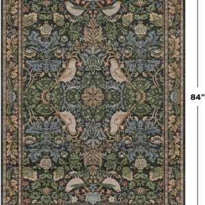 Vintage Floral Area Rug 5x7 for Living Room - Dark Green Forest Bird Rugs for Bedroom, Dinning Room, Office, Non Slip Stain Resistant Low Pile