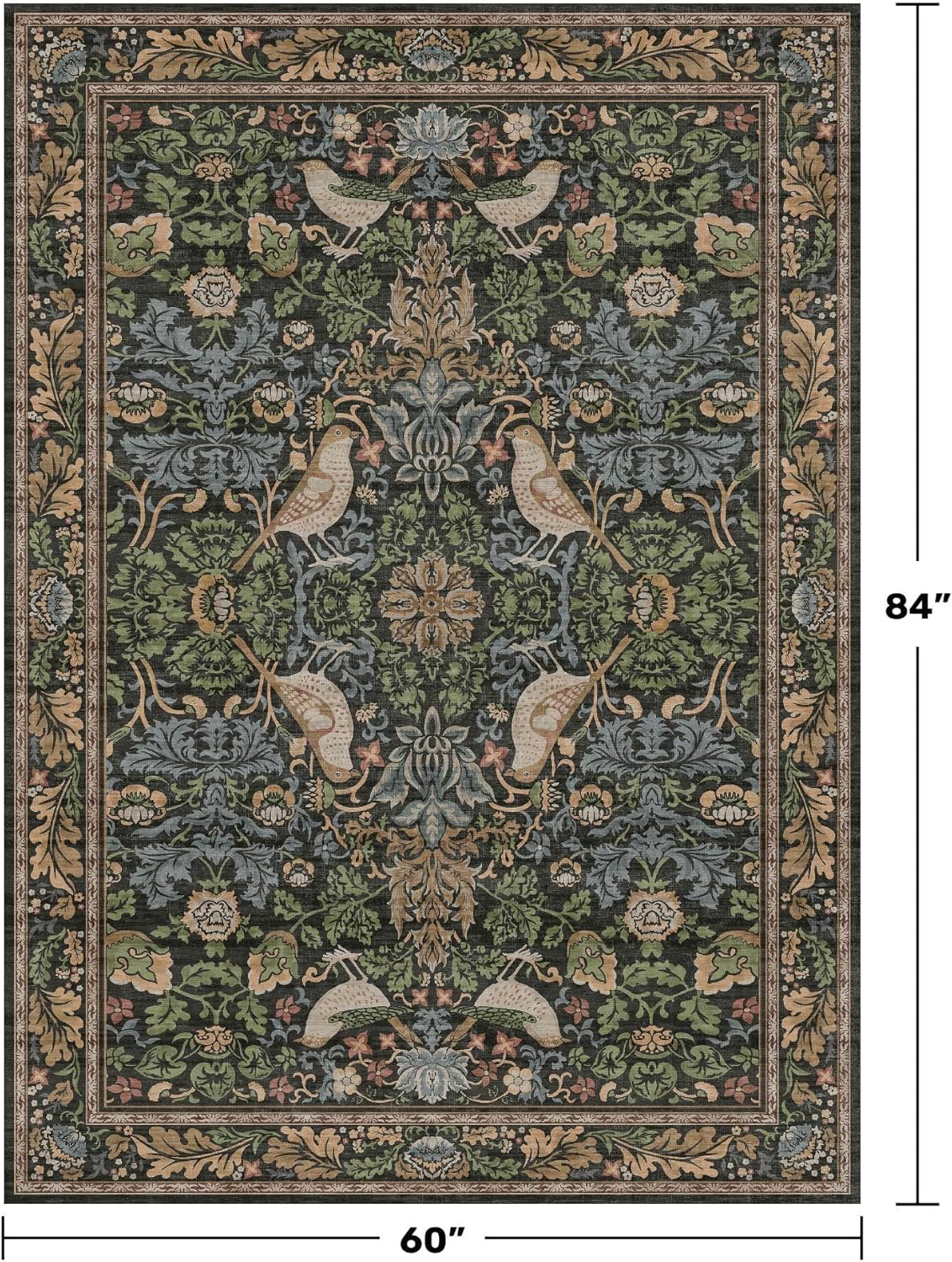 Vintage Floral Area Rug 5x7 for Living Room - Dark Green Forest Bird Rugs for Bedroom, Dinning Room, Office, Non Slip Stain Resistant Low Pile