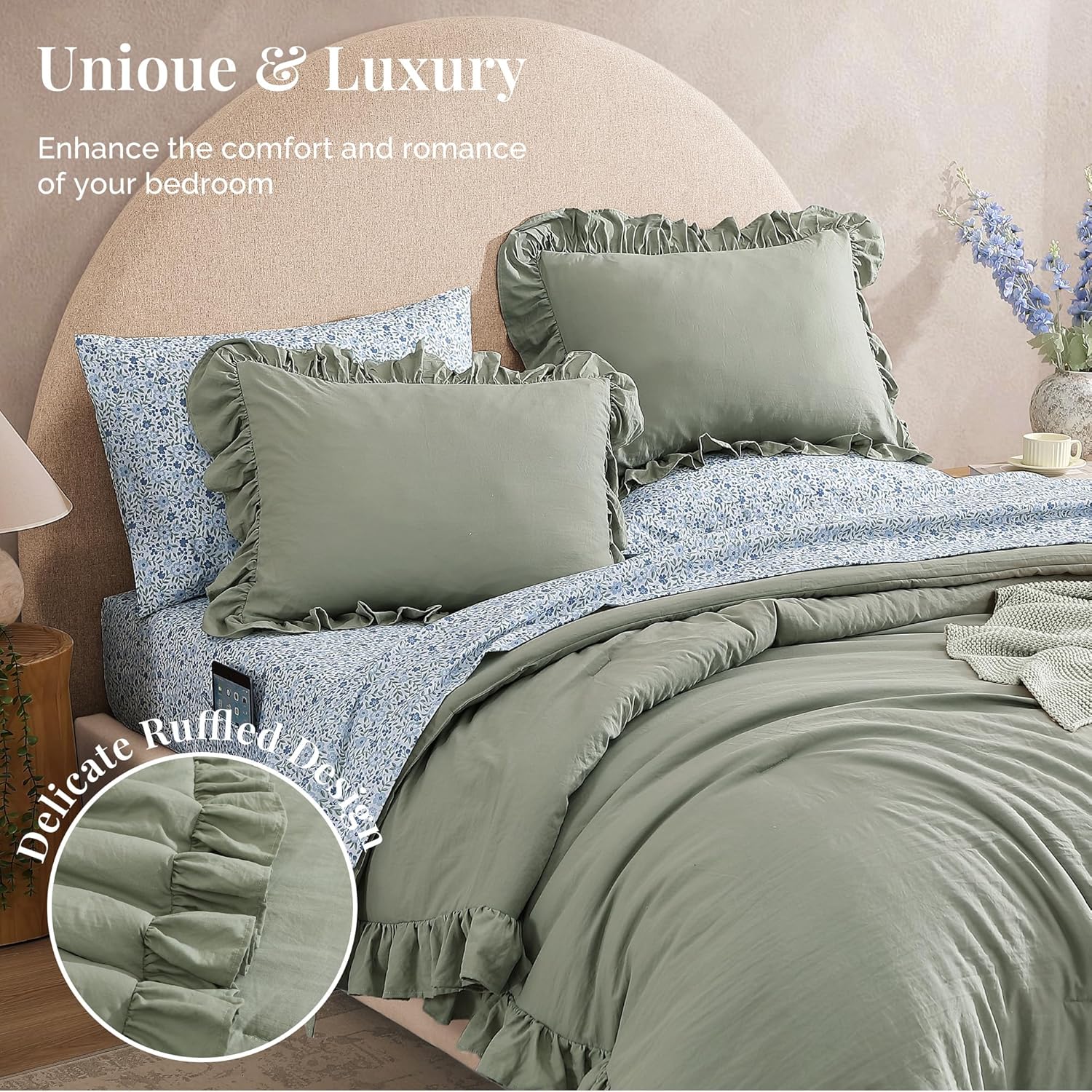Queen Comforter Set - 7 Pieces Ruffle Sage Green Bedding Sets, Shabby Chic Farmhouse Bed in a Bag Queen with Ruffle Comforter, Floral Sheets, Pillowcases & Shams - Image 2