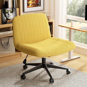 SUNLEI Criss Cross Chair with Wheels, Comfy Armless Vanity Chairs with Back & Wide Seat, Comfortable Fabric Cross Legged Desk Chair’s Swivel, Yellow