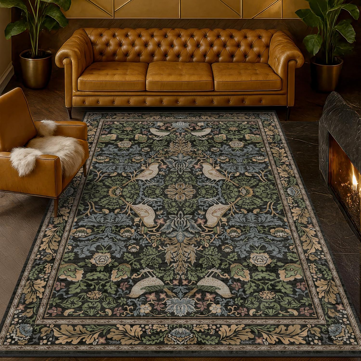 Vintage Floral Area Rug 5x7 for Living Room - Dark Green Forest Bird Rugs for Bedroom, Dinning Room, Office, Non Slip Stain Resistant Low Pile - Image 2
