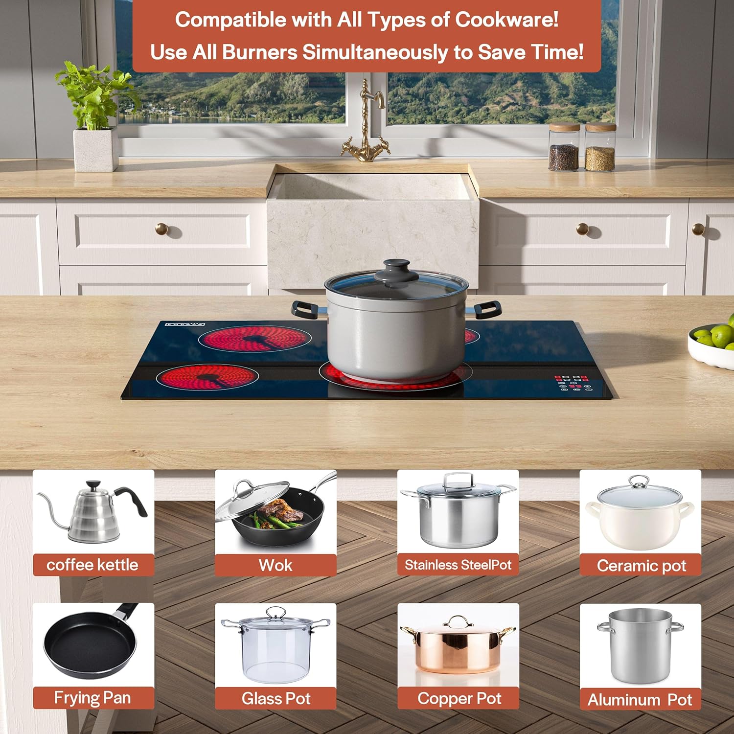 Empava Electric Cooktop, 30 inch 4 Burners, Built in Radiant Stove, Including Dual Zone Element, Ceramic Glass Smooth Surface in Black, ETL Certified, All Kinds of Cookware, 220-240V, No Plug - Image 4