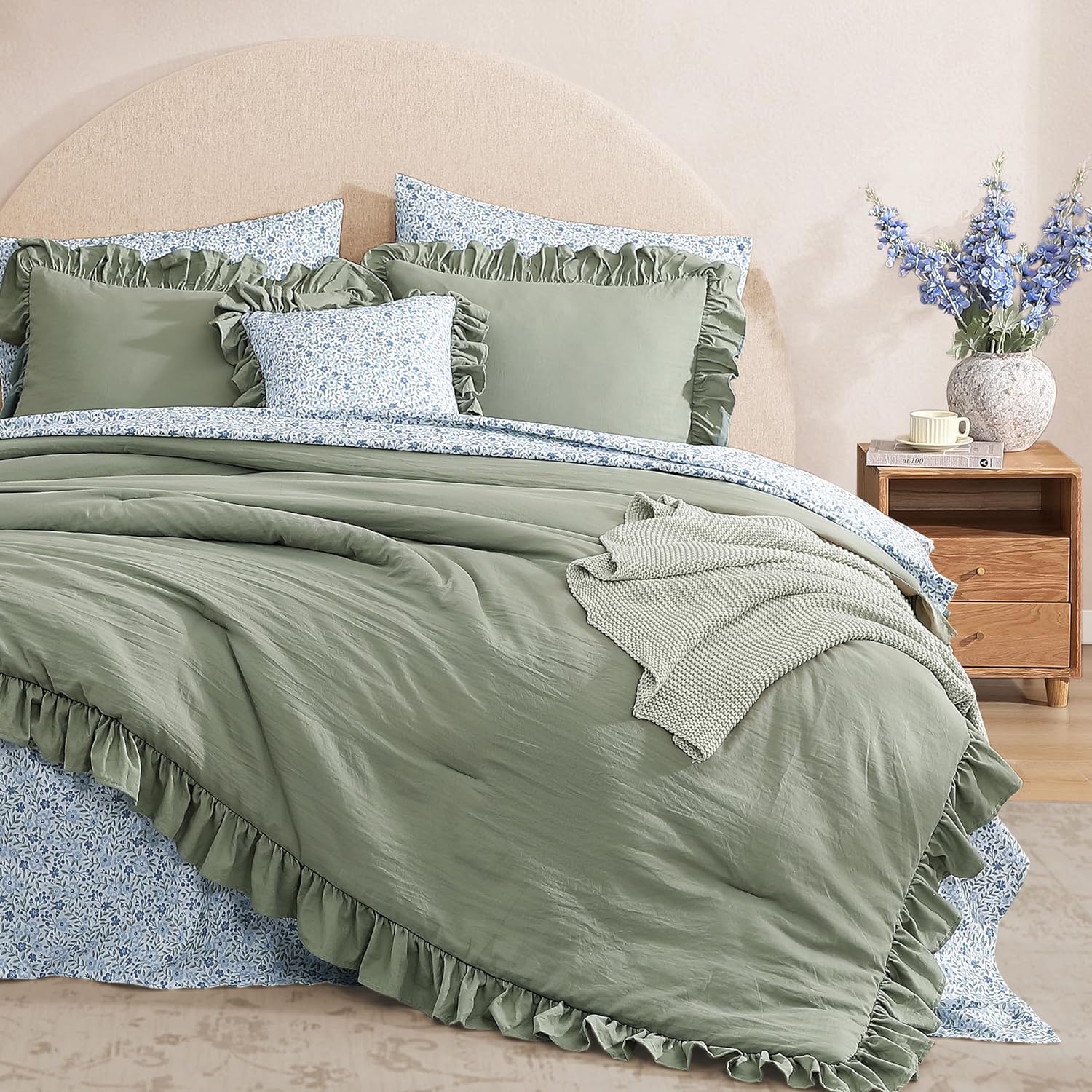 Queen Comforter Set - 7 Pieces Ruffle Sage Green Bedding Sets, Shabby Chic Farmhouse Bed in a Bag Queen with Ruffle Comforter, Floral Sheets, Pillowcases & Shams - Image 8