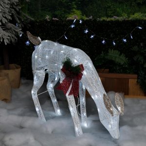 Alpine Corporation 28" H Mesh Grazing Holiday Reindeer Lawn Decoration with Cool White Lights, Christmas Decoration