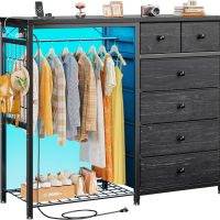 EnHomee 49.2" W Dresser for Bedroom with Hanging Rack 6 Drawers Dresser with LED Lights & Charging Station, Fabric Dressers & Chest of Drawers with Rack, Wooden Top, Grid Panel, Black - Image 8