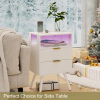 White Nightstand with Charging Station and LED Lights,Modern Bedside Table with 2 Storage Drawer and Open Wood Shelf, for Bedroom and Small Spaces,Night Stand with Solid Wood Legs,White - Image 8