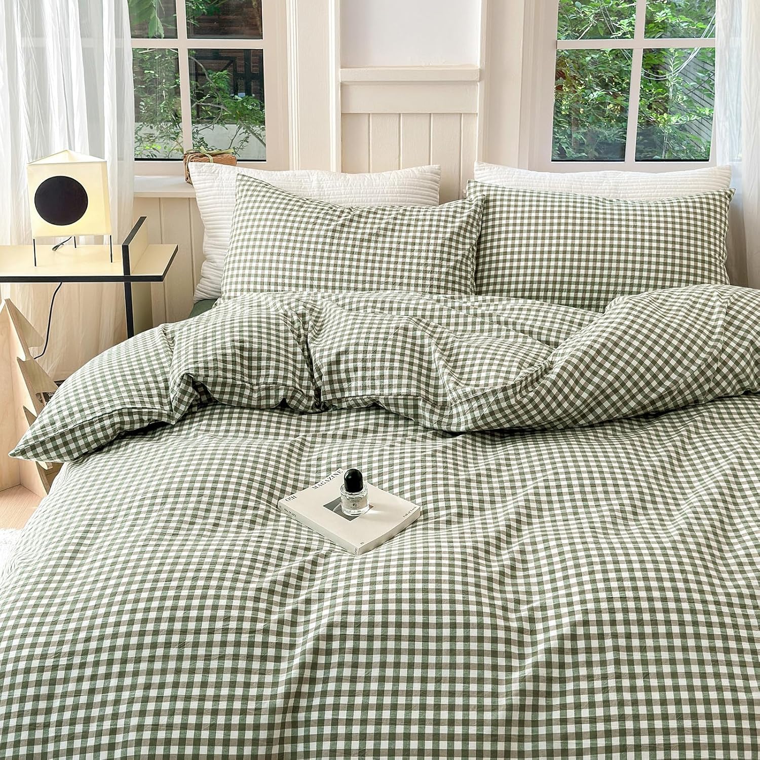 Queen Comforter Set Green Gingham Comforter Modern Style Checkered Pattern Comforter Set Boho Grid Plaid Bedding Comforter Lightweight Fluffy Soft Grid Bedding Set Queen Size Breathable - Image 5