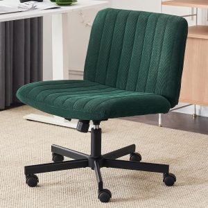 Green Desk Chair with Wheels Criss Cross Seat Home Wide Armless Office Computer Chair Adjustable Swivel Side Vanity Chair Dark Green for Girls