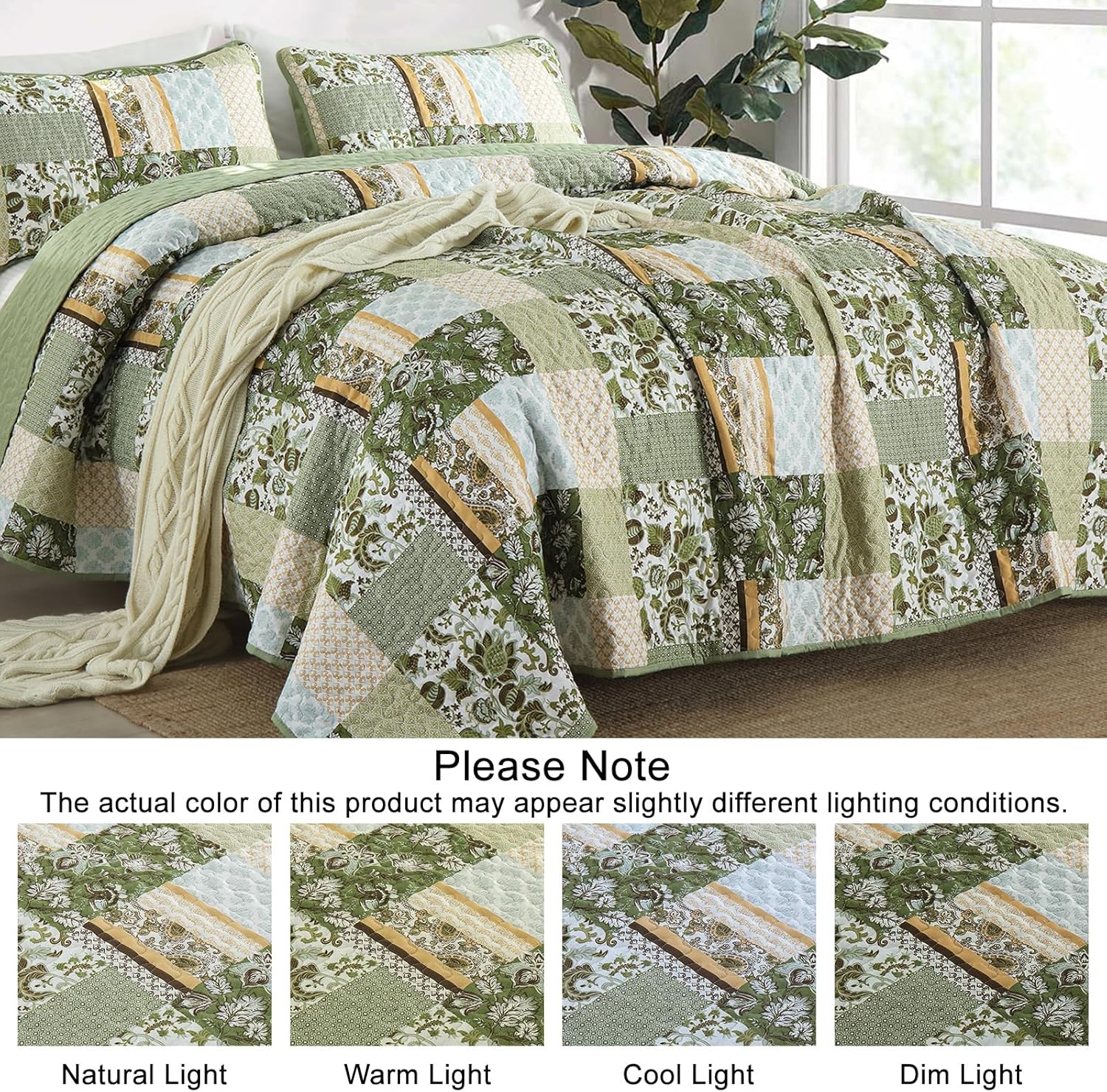 WONGS BEDDING Green Quilt Set King Size,Green Patchwork Plaid Printed Bedspread Coverlet Set,3 Pieces Summer Soft Microfiber Boho Bedding Set with 1 Quilt 2 Pillowcases - Image 5